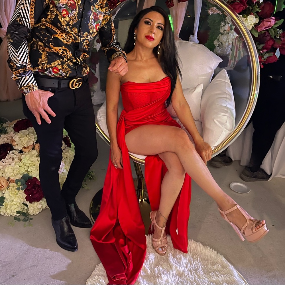 Miss Circle Red crystallized satin gown